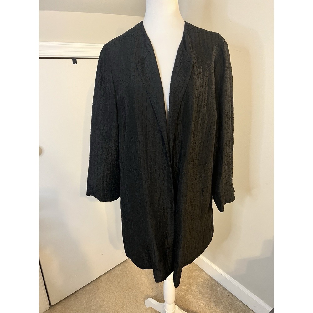 Eileen Fisher Open Front Jacket Linen Silk Crepe Crinkle Black Long Medium